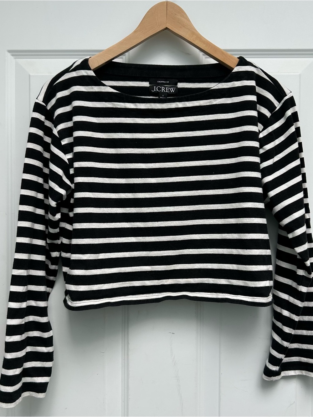 J. Crew Black and White Striped Long-Sleeve Cropped Tee
